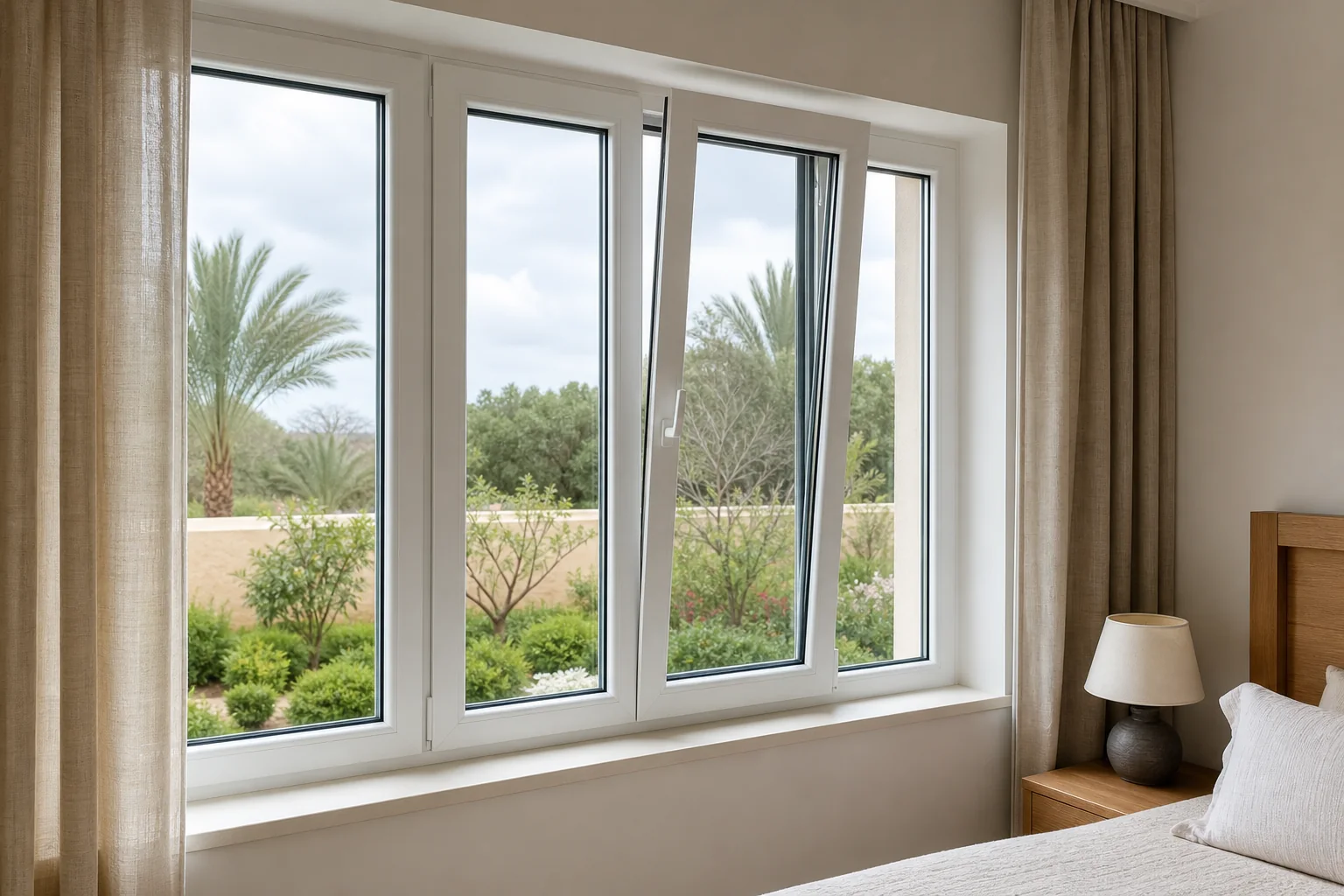 نافذة UPVC بيضاء مزدوجة الزجاج بنظام فتح وقلب